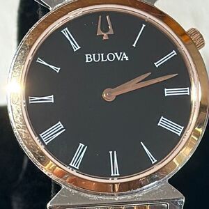 Bulova Quartz Black Dial Two Tone Gold Silver Stainless Steel Watch 98L625